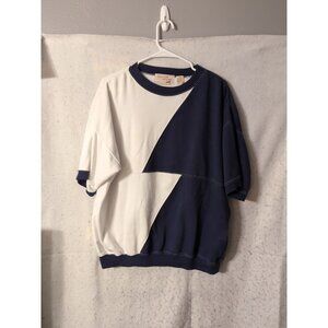 The Fox Collection Blue White Geometric Oversized Short Sleeve Sweatshirt Size L